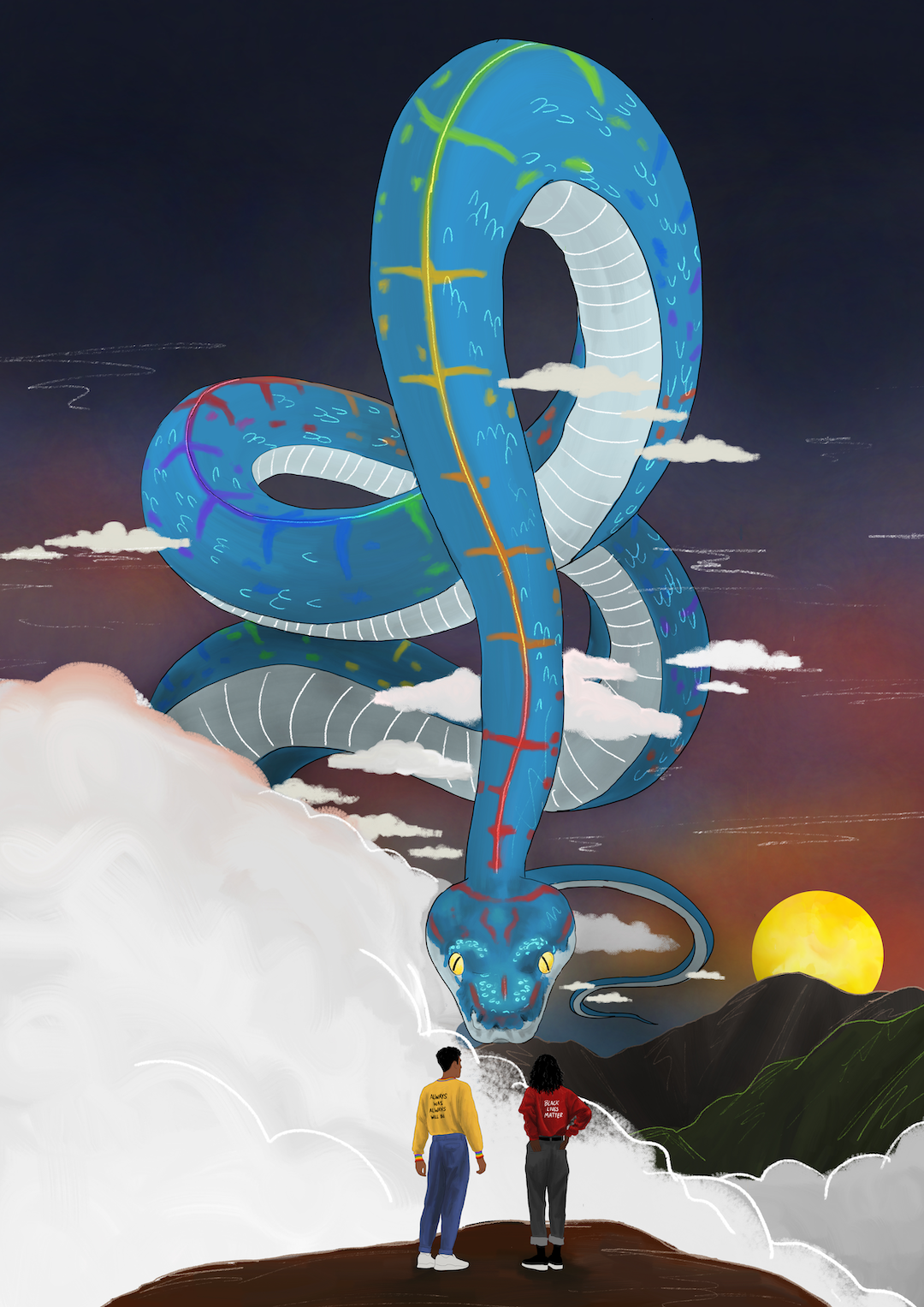 An Ancestral spirit snake appears to two people on an astral plane, floating in the sky against a setting sun.